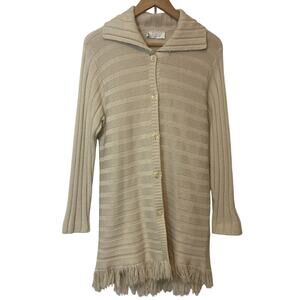 Vintage Sirio Italy Merino Wool Knit Beige Cream Button Fringe Cardigan Sweater